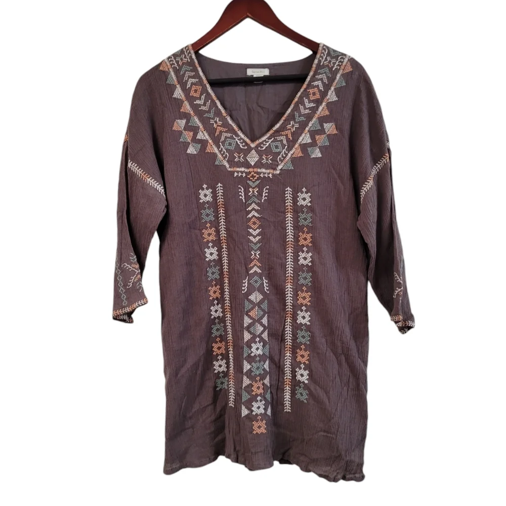 Garnet Hill Gray Boho Embroidered Tunic Top Size 14 Large Peasant Top - Picture 1 of 6